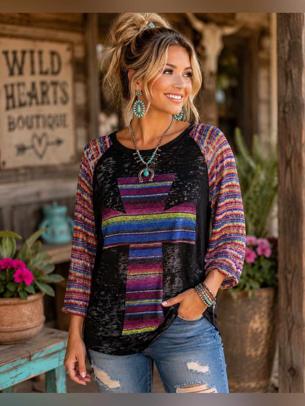 Southern Grace L Western Cross Burnout Top Multicolor Serape Boho Cowgirl
